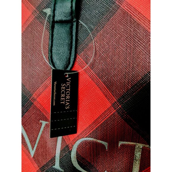 NEW Victoria Secret Red Black Checkered Plaid Holiday Weekender Tote Bag - Picture 3 of 7